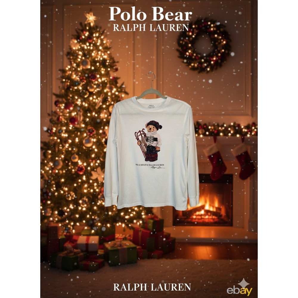 Polo Ralph Lauren Polo Bear Long‎ Sleeve Shirt Youth L 14-16 White Sled Graphic